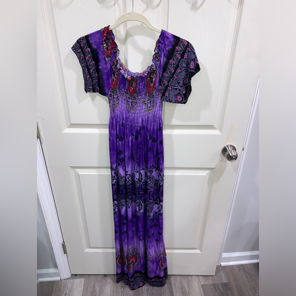 Julia Silk Blend Short Sleeve Maxi Dress Purple Red Stretchy